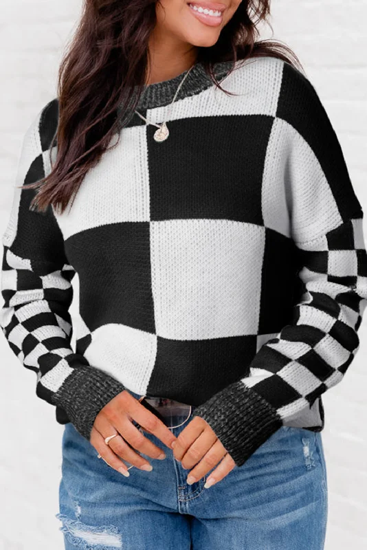 Overstock Mint Green Plaid Knitted Drop Shoulder Sweater