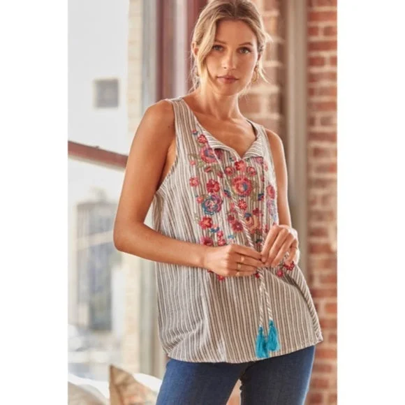 Final Markdown Denim Striped Embroidered Floral Sleeveless Tassel Tie Relaxed Boho Blouse