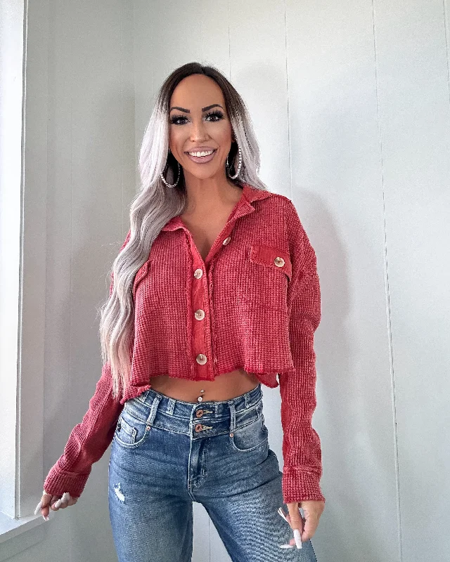 Mega Sale Catching Fall Button Down Waffle Crop Top - Red