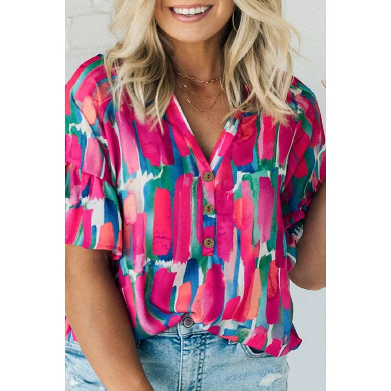 Sale Alert Abstract Ruffle Buttoned Blouse, Goddess