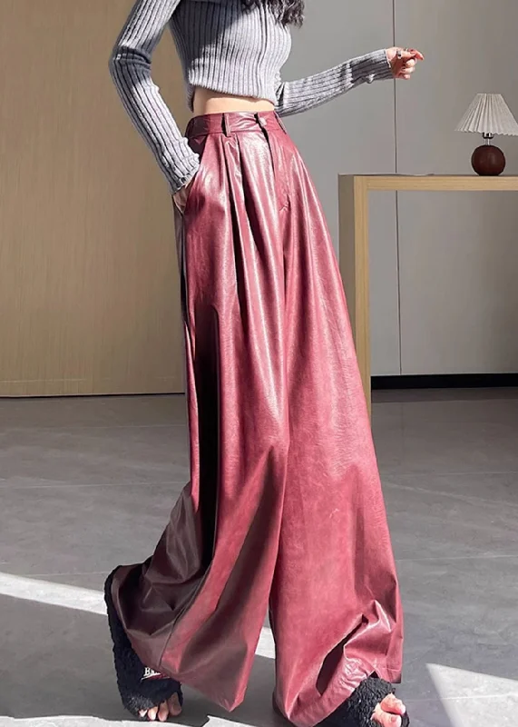 Savings Bonanza New Red Pockets High Waist Faux Leather Wide Leg Pants Fall