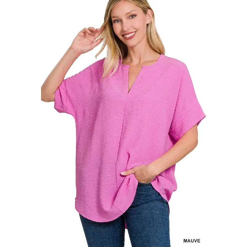 Last Chance Woven Airflow Split Neck Short Sleeve Top, Mauve