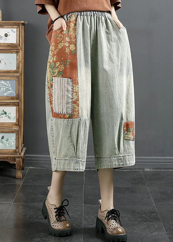 Midnight Madness Natural Light Grey Pockets Patchwork Denim Crop Pants Summer