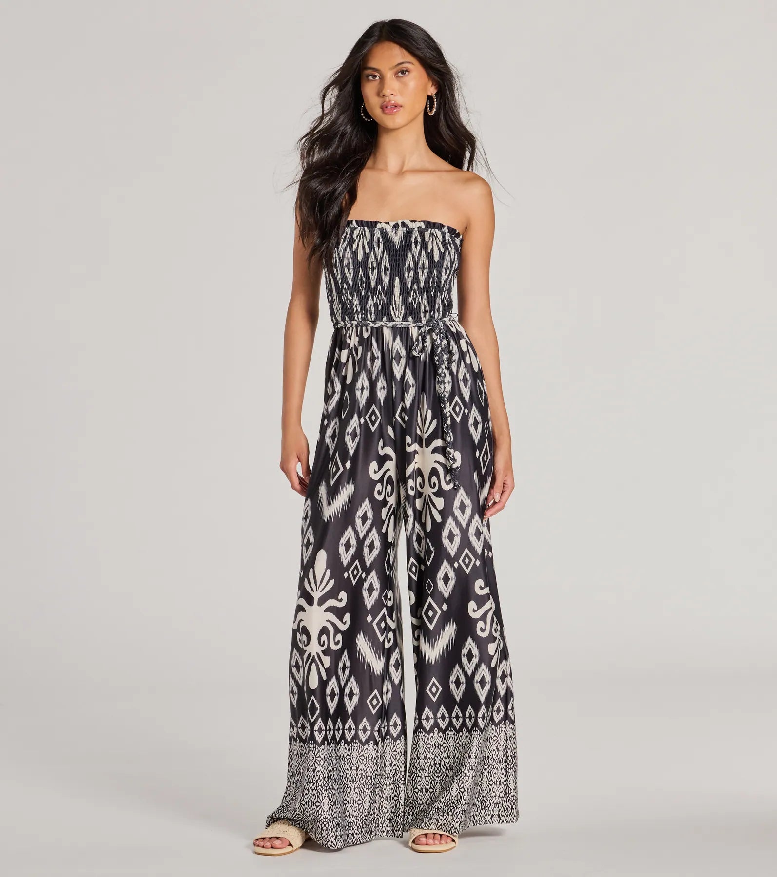 Now Available Trendy Ease Strapless Boho Print Wide-Leg Jumpsuit