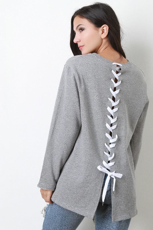Bargain Bin Contrast Back Corset Lace Up Long Sleeves Sweatshirt Top