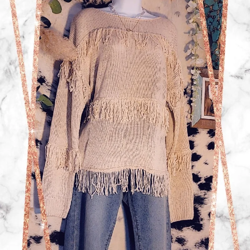 Take Advantage Glittery Ivory Sweater with Fringe