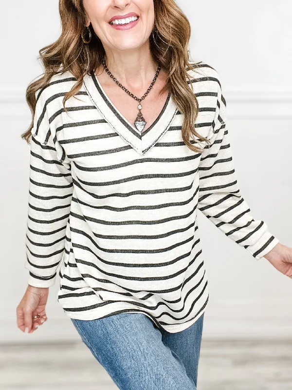 Shop Now V-Neck Puff Sleeve Stripe Sweater Top