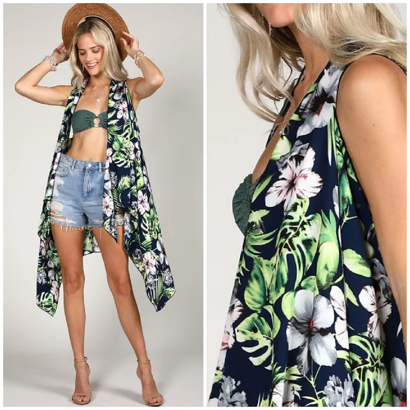 Sale Event Navy Tropical Floral Leaf Handkerchief Vest Casual Top Womens One Size