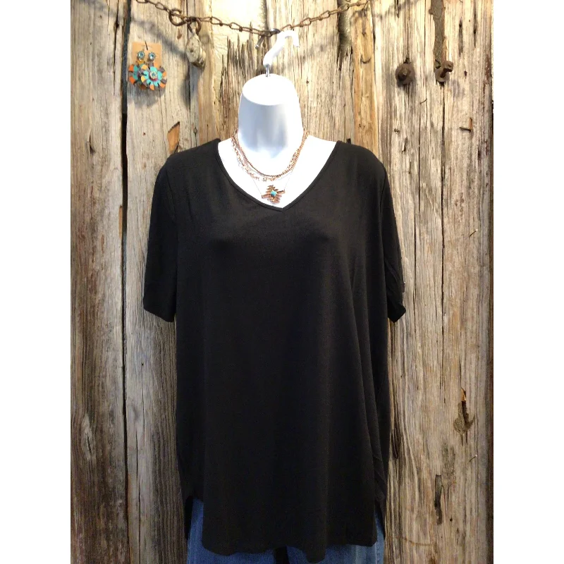 Super Bargain Short Sleeve V-Neck Hi-Low Hem Top, Black