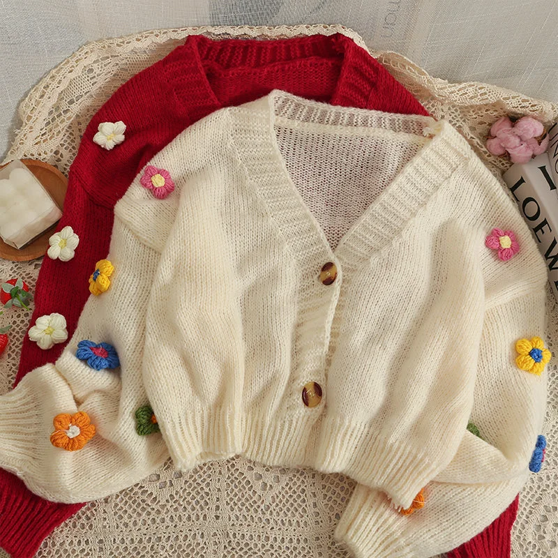 Factory Direct Sale Daisy Pom Pom Cropped Cardigan (2 Colors)