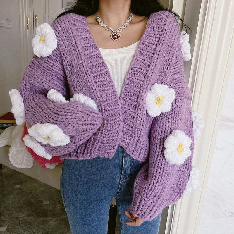 Don't Wait Chunky Daisy Cropped Cardigan (Purple)