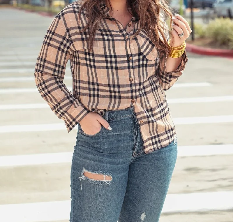 Instant Deal Put It In Neutral Plaid Button Up Top