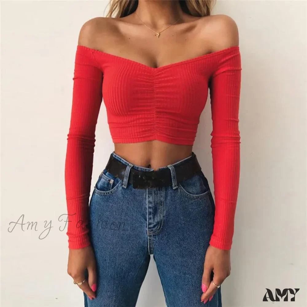 Online Only AMY - Sexy Club Fashion Off Shoulder Solid Color Autumn Crop Top