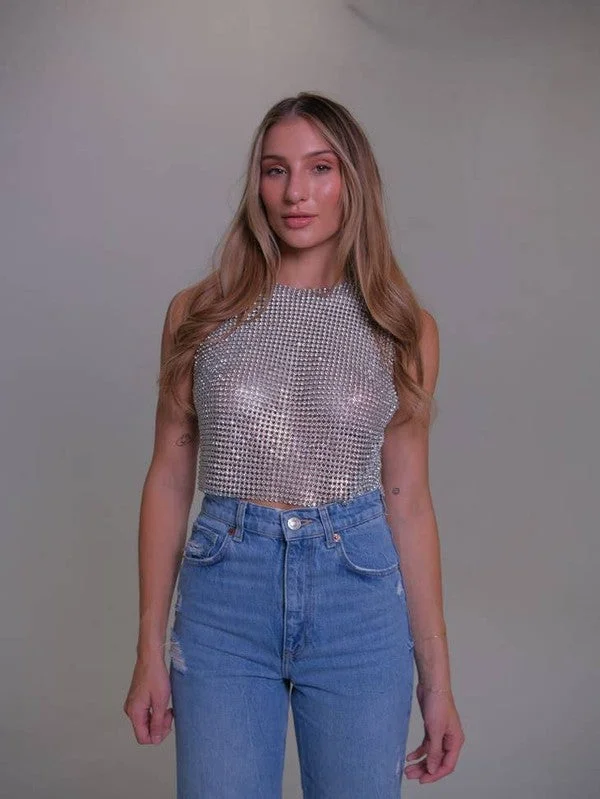 Weekend Discounts to Delight Main Character Energy Silver Rhinestone Top