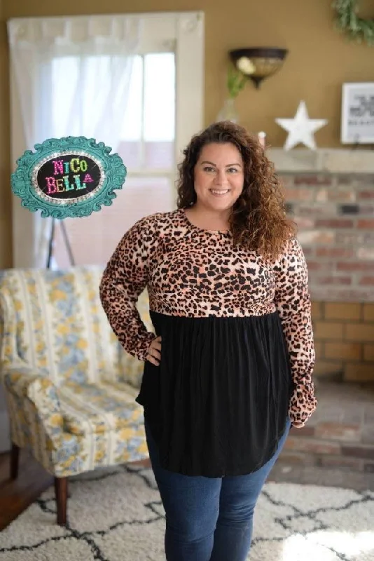 Unwind with Weekend Discounts Leopard Color Block Long Sleeve Tunic