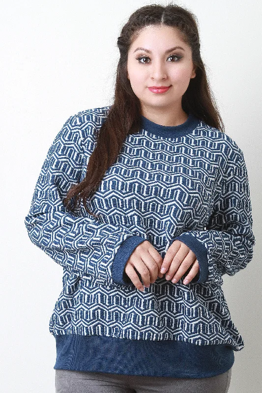 Steals and Deals Geometric Pattern Textured Long Sleeves Sweater Top