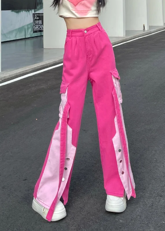 Time-Limited Offer Modern Pink Pockets Patchwork Side Open Denim Pants Fall