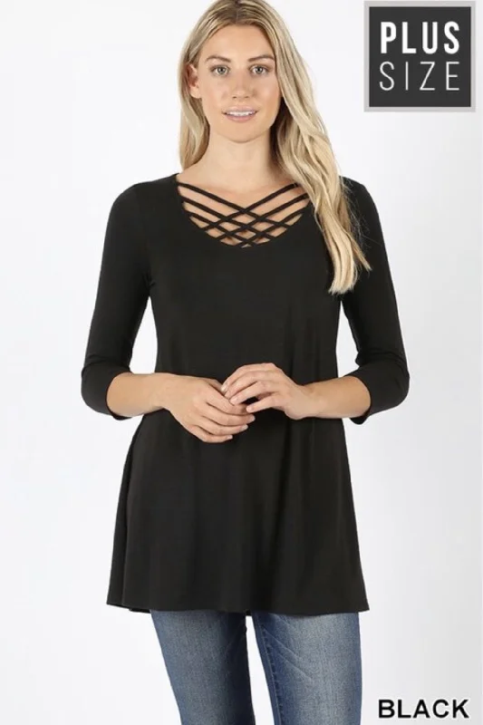 Early Bird Discount Black Triple Lattice Plus Size Top