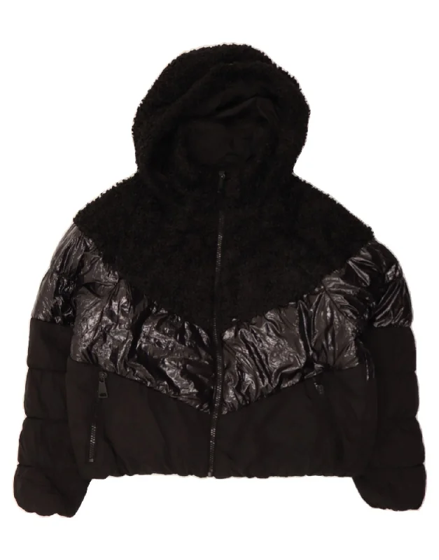 Act Fast DKNY Womens Crop Hooded Padded Jacket UK 16 Large Black Colourblock Nylon