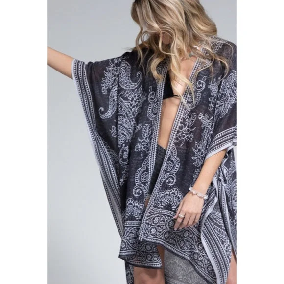 Early Access Earl Gray Bohemian Damask Paisley Printed Open Kimono Coverup Wrap