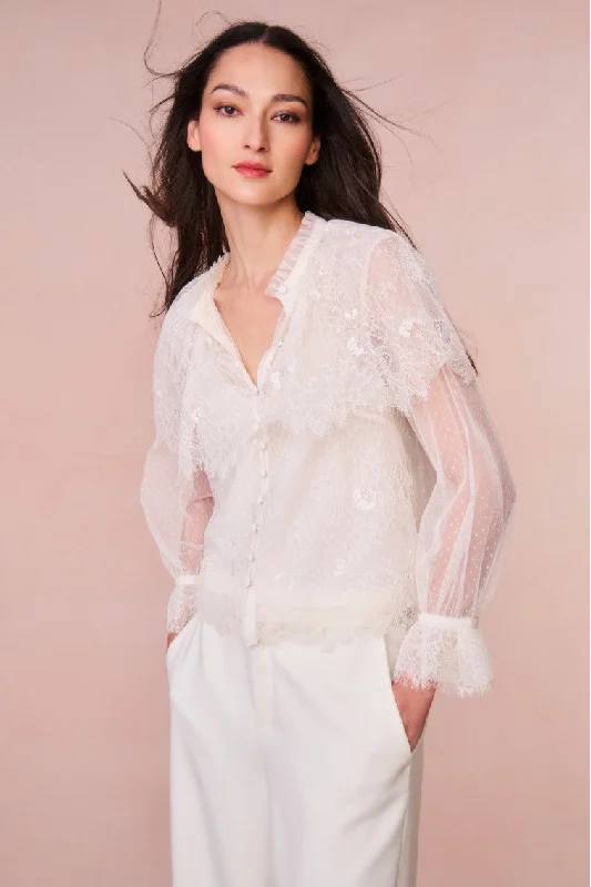 Closeout Deal Duquette Sheer Lace Top - IVORY