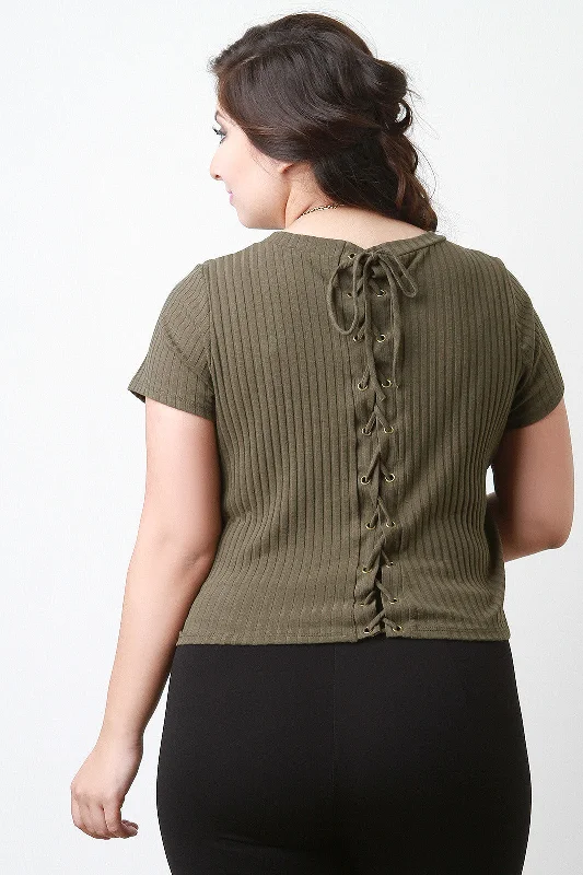 Weekend Discounts to Grab Lace Up Back Ribbed Top