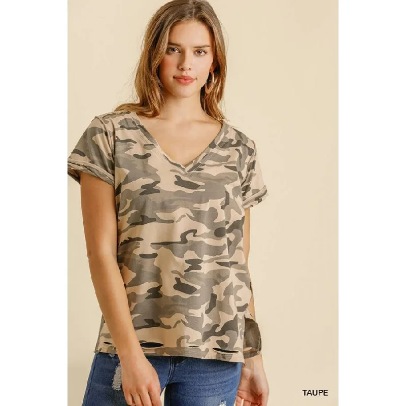 Major Savings Camo Print V-Neck Short Sleeve Top with Side Slits and Cut Out Details