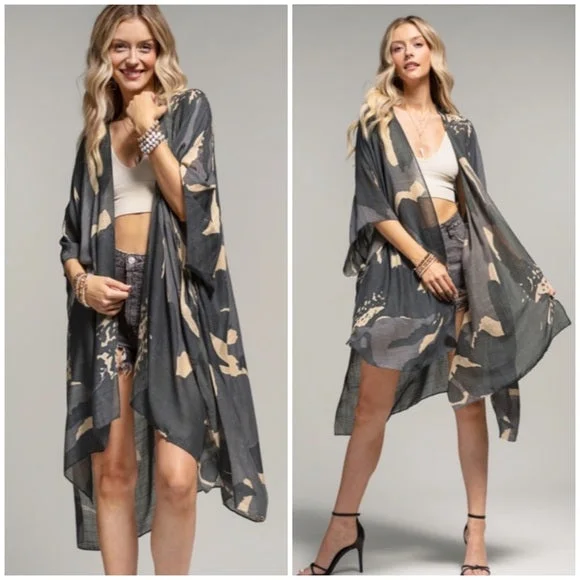New Deals Charcoal Long Floral Sweeping Summer Vacation Casual Coverup Kimono Wrap Top