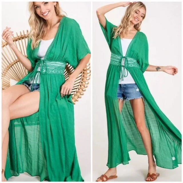 Epic Deals Green Crochet Boho Kimono Duster Short Sleeve Cardigan Wrap Womens