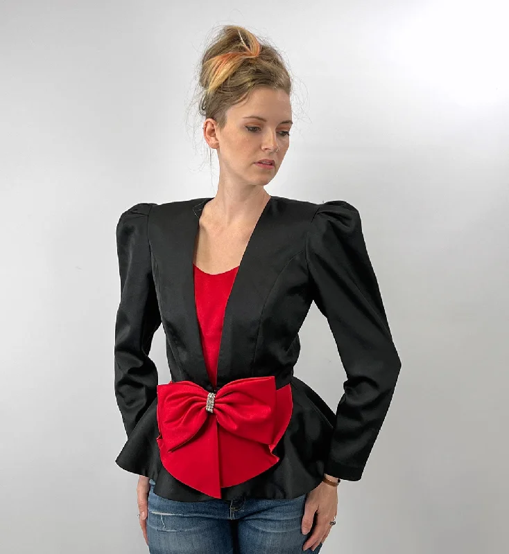 Steal Deal 80s Evening Jacket Dramatic Vintage Top Satin Peplum Red Black Small Leslie Fay VFG