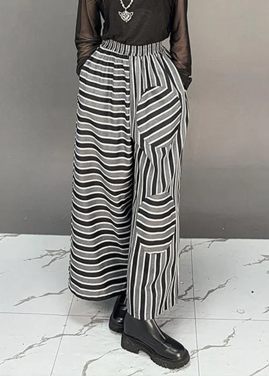 The Best Prices Boutique Black Pockets Striped Cotton Wide Leg Pants Fall