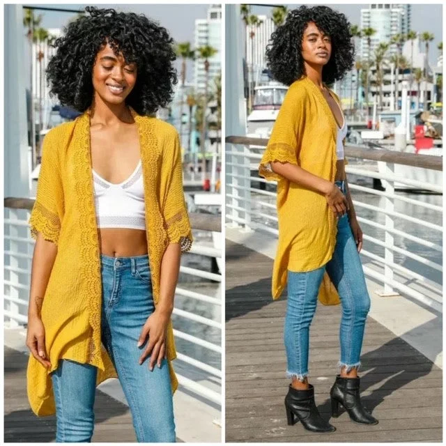 Weekend Offers That Dazzle Mustard Scalloped Lace Trim Short Sleeve Kimono Wrap One Size
