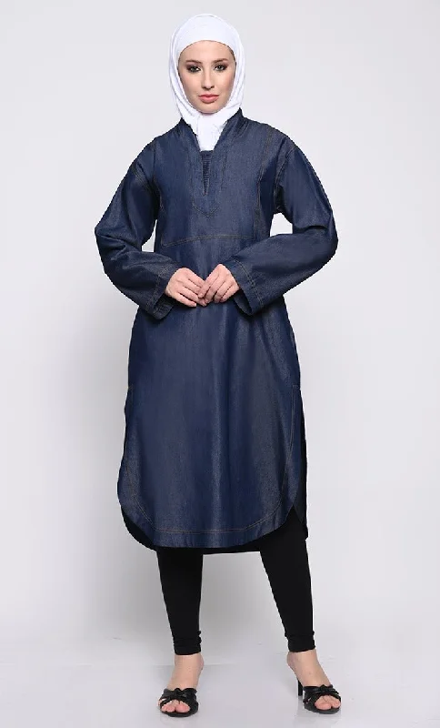 Weekend Specials to Cherish Contemporary Denim Tunic with full sleeves and Curved Hem Weekend Specials to Cherish Contemporary Denim Tunic with full sleeves and Curved Hem
