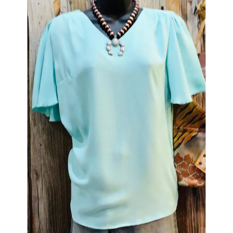 Extra Savings Woven Wool Peach Waterfall Sleeve V-Neck Round Hem Top, Blue Mint