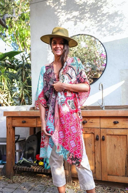 Act Now Mint Boho Patchwork Floral Bohemian Kimono Wrap Coverup Open Top Casual Spring