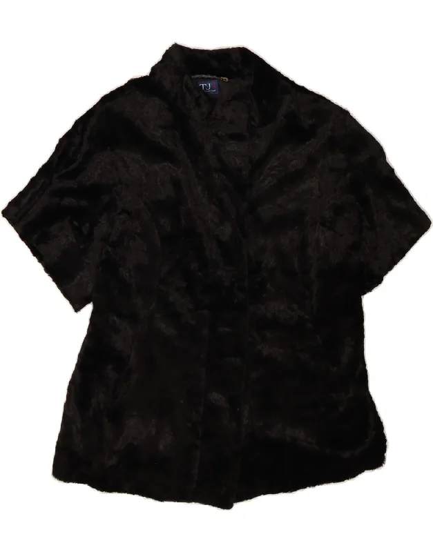 Steal Deal TRUSSARDI JEANS Womens Short Sleeve Faux Fur Overcoat IT 42 Medium Black