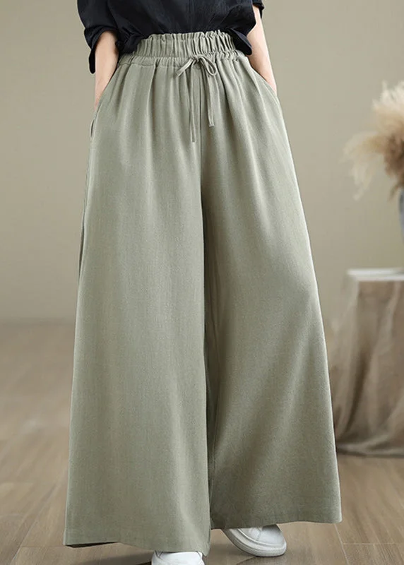 One-DAY Sale Women Light Green Pockets Elastic Waist Cotton Pants Fall