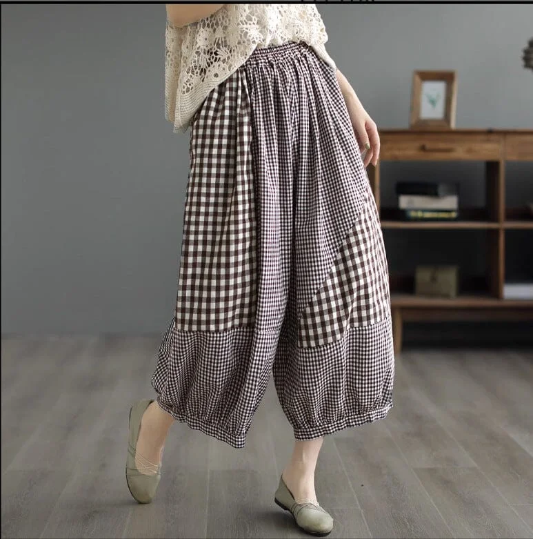 Overstock Sale Plus Size Summer Plaid Patchwork Cotton Pants
