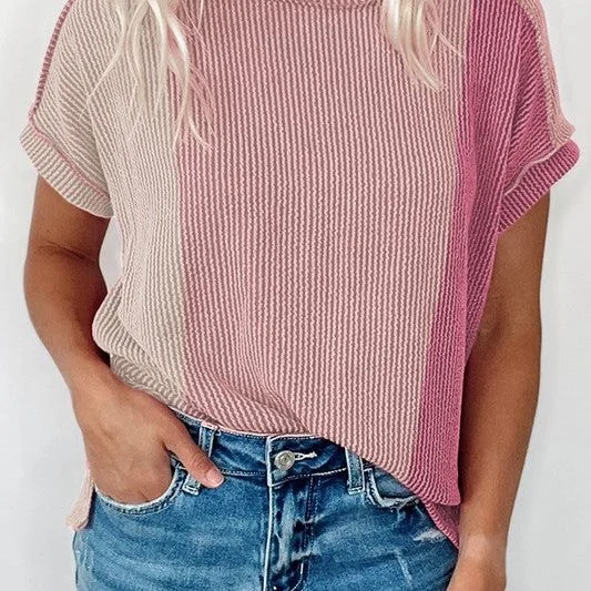 Buy Today Textured Colorblock Crew Neck T Shirt, Pink