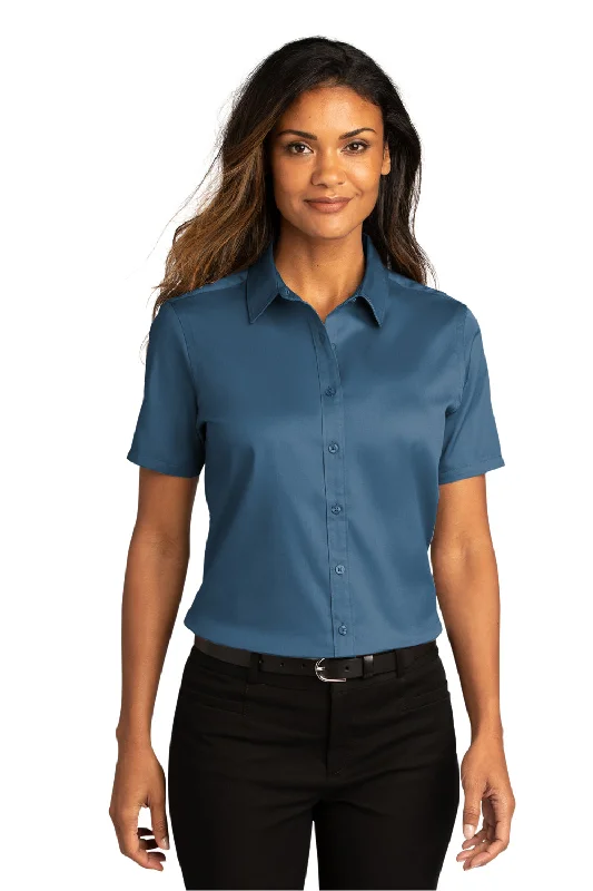 Final Markdown Port Authority Womens SuperPro Wrinkle Resistant React Short Sleeve Button Down Shirt - Regatta Blue