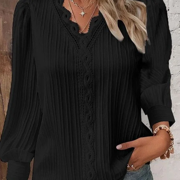 Epic Deals V-Neck Lace Patchwork Shirt, Black