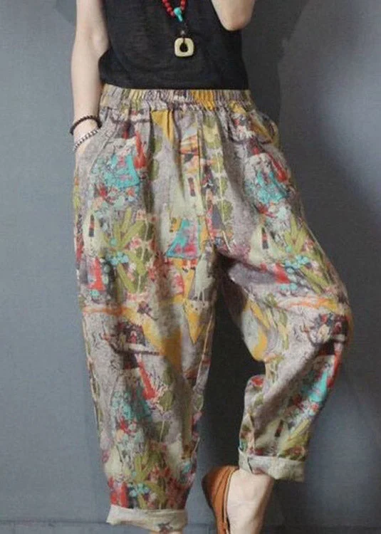 Sale Event Loose Pockets Elastic Waist Print Linen Harem Pants Summer