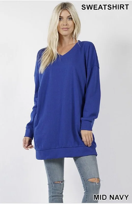 Online Exclusive Women’s Oversized Loose Fit V-Neck Tunic Sweatshirt Mid Navy
