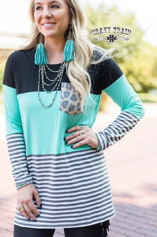 Early Bird Coffee Date Leopard Turquoise Stripe Long Sleeve Top
