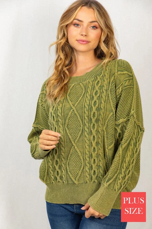 Buy Now PLUS SZ Long Sleeve Mineral Washed Cable Sweater