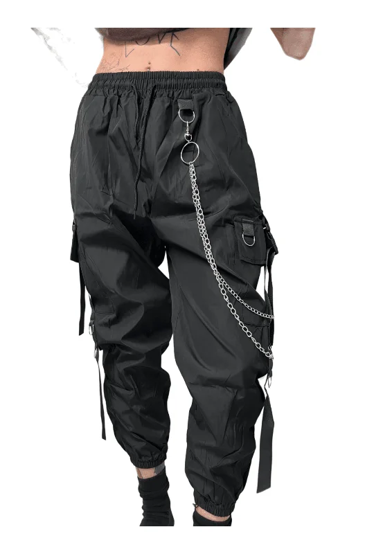 Weekend Shopping Extravaganza Black Utility Pants with Chain and Buckles