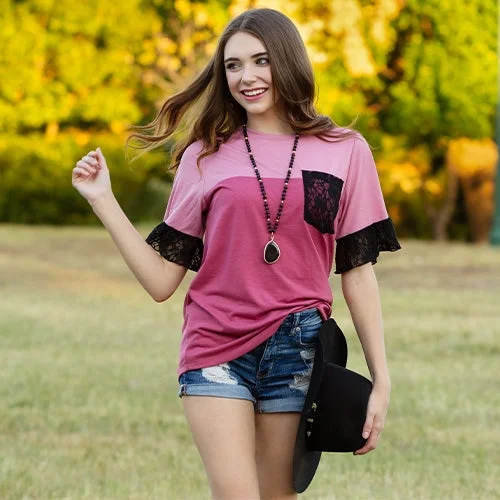 Shop Now Color Block top with Lace Accents