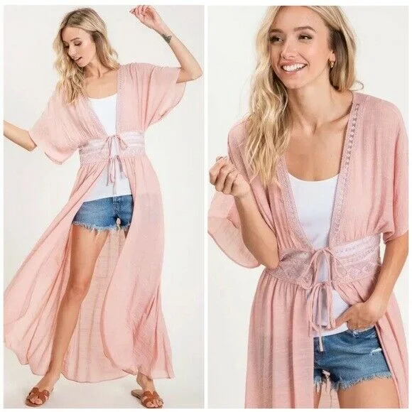 Weekend Bargains to Relish Blush Pink Crochet Boho Kimono Duster Short Sleeve Cardigan Wrap Womens