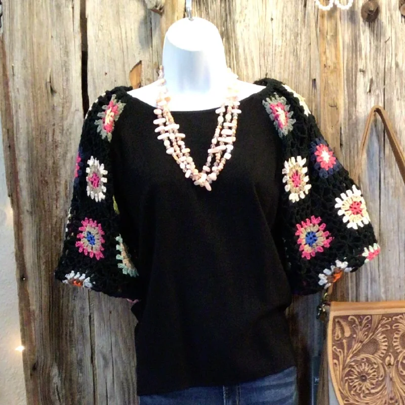 Can't Beat Linen Top with Crochet Sleeves, Black