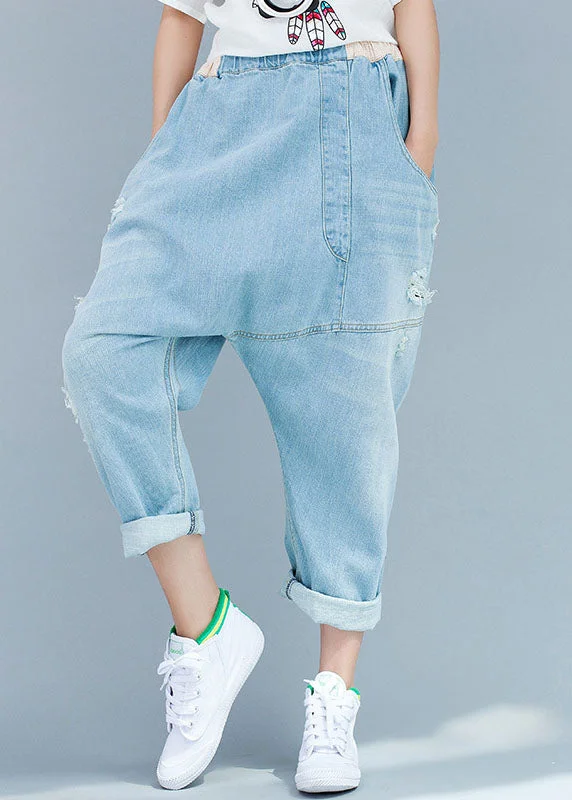 Big Discounts Organic Baby Blue Asymmetrical Design Patchwork Denim Pants Spring